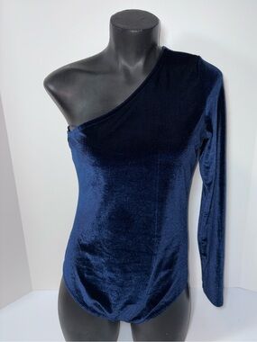 One-Shoulder Velvet Long-Sleeve Top - Navy